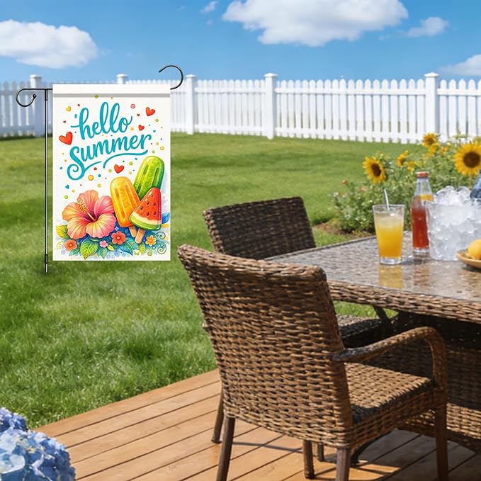 Nuxovilar Summer Garden Flag Hello Summer Ice Cream Hibiscus Flower Pattern Polyester 12x18 Inches Garden Flags for Outside Bright Decor Yard Porch