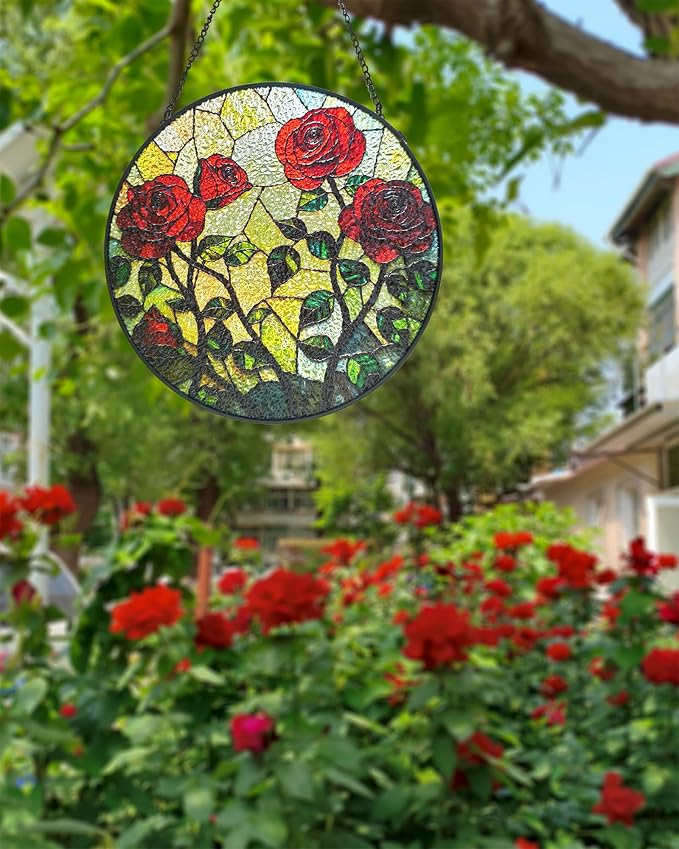 Rose Floral Stained Glass Sun Catcher Window Hanging,Handmade Suncatcher Window Art for Home Decor and Garden,Romantic Gift for Her, Wife or Mom