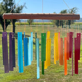 Blue Handworks Color Spectrum Glass and Driftwood Chime - Sandblasted Glass and Found Wood Hand Crafted Wind Chime