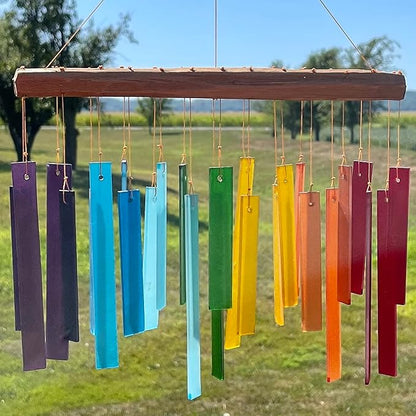 Blue Handworks Color Spectrum Glass and Driftwood Chime - Sandblasted Glass and Found Wood Hand Crafted Wind Chime