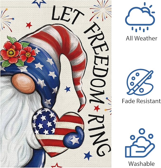 Heyfibro Let Freedom Ring Gnome Patriotic Garden Flag 12x18 Double Sided Burlap, 4th Of July Fireworks Red Flower Heart Pattern Yard Flags for Rustic Independence Day Outdoor Decor (ONLY FLAG)