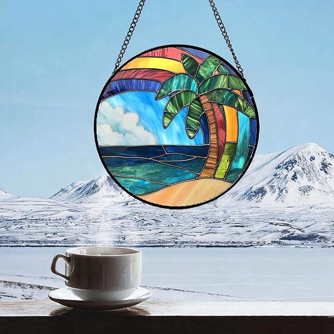 CHATYOUNG Stained Glass Window Hanging Abstract Ocean Coconut Tree 7.8" - Color Suncatcher Door Garden Home Decor and Christmas Mother's Day Birthday Gift for Grandma Nana and Mom Women Friend