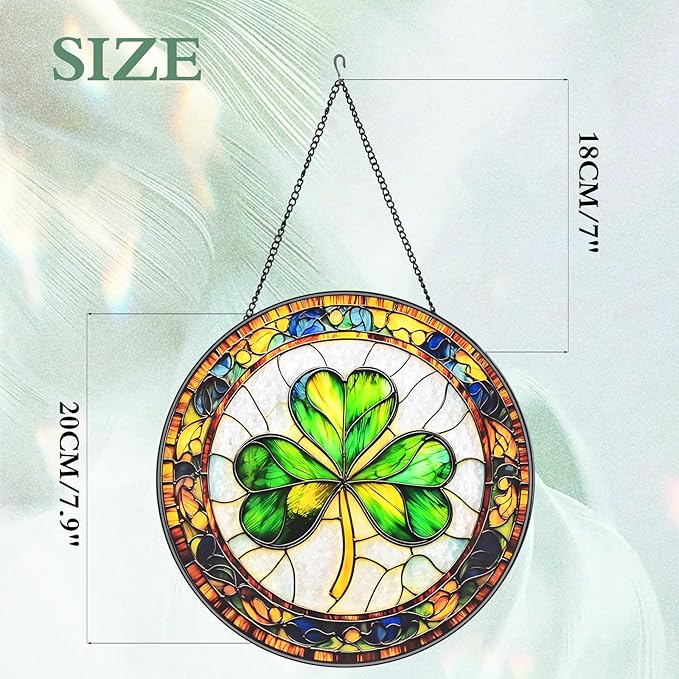 Ireland Shamrock Stained Glass Window Hanging Suncatcher with Chain - 7.9" Clover Outdoor/Indoor Art Decor for Home Garden, St. Patrick's Day, Mother's, Valentine's & Irish Ornaments Present
