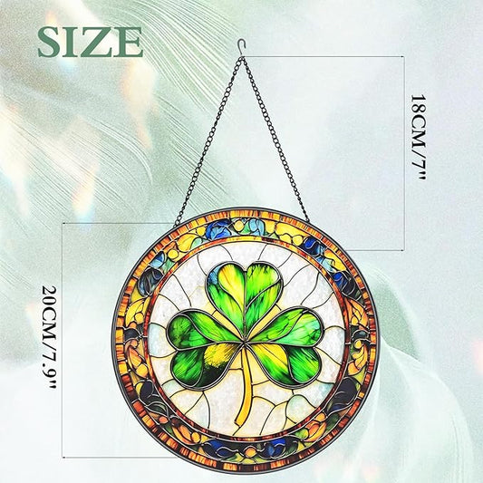 Ireland Shamrock Stained Glass Window Hanging Suncatcher with Chain - 7.9" Clover Outdoor/Indoor Art Decor for Home Garden, St. Patrick's Day, Mother's, Valentine's & Irish Ornaments Present