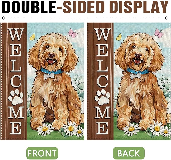Dyrenson Welcome Goldendoodle Dog Decorative Garden Flag, Paw Print Yard Outside Home Decorations Pet Lover Gift, Spring Summer Burlap Outdoor Small Decor Double Sided 12 x 18