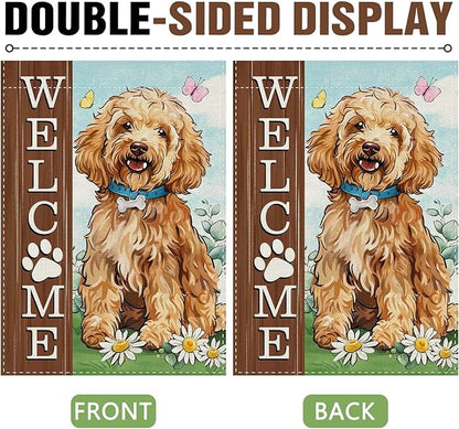 Dyrenson Welcome Goldendoodle Dog Decorative Garden Flag, Paw Print Yard Outside Home Decorations Pet Lover Gift, Spring Summer Burlap Outdoor Small Decor Double Sided 12 x 18
