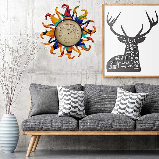 Metal Sun Thermometer Indoor Outdoor Ornament Wall Art Decor, Sun Plaque Sculpture Hanging Mounted for Living Room Bedroom Kitchen Patio for Home or Garden, No Battery Required (Orange)