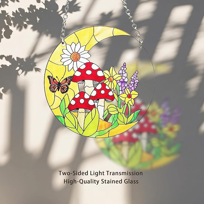 Mushroom Moon Stained Glass Suncatcher Home Decor, Mushroom Plant Lover Gifts for Women, Birthday Gifts for Mom Grandma Mothers