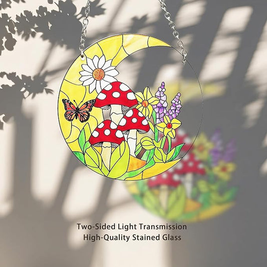 Mushroom Moon Stained Glass Suncatcher Home Decor, Mushroom Plant Lover Gifts for Women, Birthday Gifts for Mom Grandma Mothers