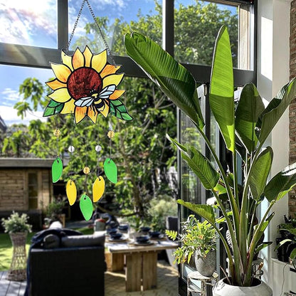 Stained Glass Suncatcher, Sunflower and Ladybug Window Hanging, 20 x 8 inches, Hand-Painted (Style 2)