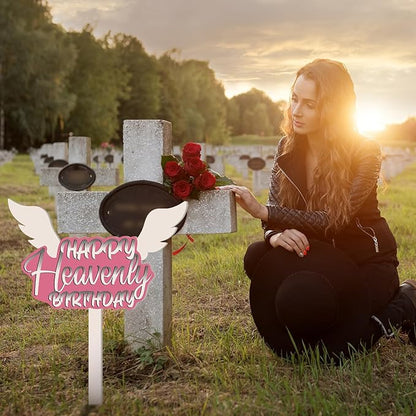 AceOrbit 13.8 X 7.9 Inches Large Happy Birthday in Heaven Decorations Cemetery Decorations for Grave Metal Memorial Remembrance Stake, Grave Markers for Human Cemetery Garden Yard Site Outdoor (Pink)