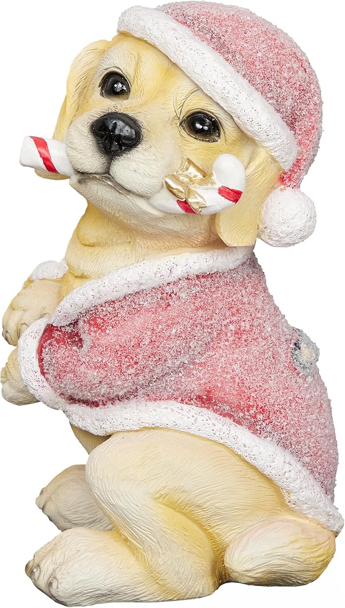 Alpine Corporation 11" Tall Indoor/Outdoor Christmas Golden Labrador Puppy Statue with Santa Hat and Candy Cane, Holiday Decoration for Porch, Tabletop, or Entryway