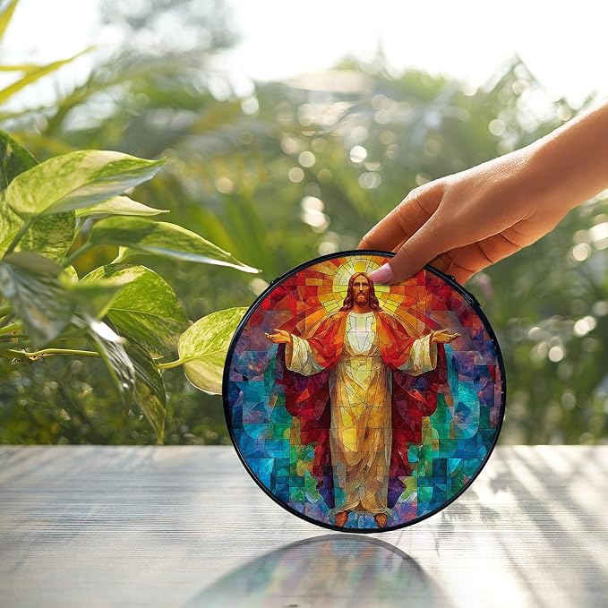 Easter Jesus Christian Suncatcher Stained Glass Window Hanging, Jesus Religious Sunshine Sun Catchers Indoor Window Glass Wall Art Decor, Christian Wall Hanging Decor, 7.9x7.9 Inch
