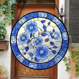 Stained Glass Window Hanging, Blue and White Plum Blossom Sun Catcher for Door Home Decor Flowers Suncatcher Christmas Mother's Day Birthday Gifts for Women Men Mom and Nana 15 in