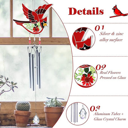 KY&BOSAM Cardinal Wind Chime for Outside Stained Glass Sympathy Wind Chimes Memorial Wind Chime for Loss of Loved One Mother Father Condolence Remembrance,Sympathy Gift Home Outdoor Garden Patio Decor