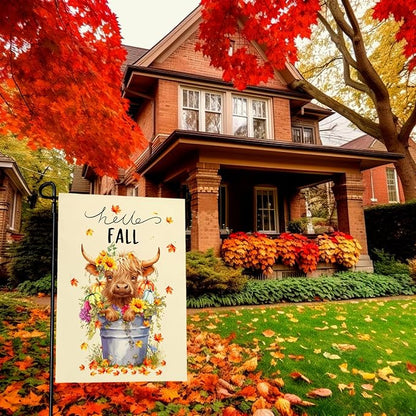 Hello Fall Garden Flag Highland Cow Polyester Yard Flag Double Sided Vertical 12x18 Inch Farmhouse Pumpkin Sunflower Floral Garden Flags Autumn Maple Leaf House Banner for Seasonal Outdoor