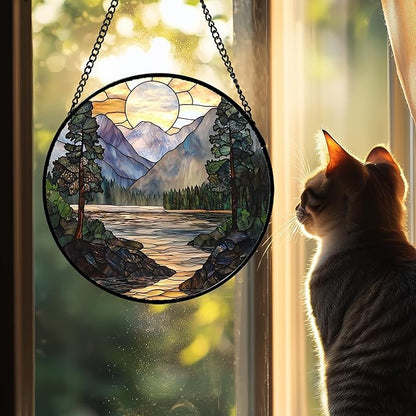 Stained Glass Window Hanging, Sunset Mountains Lake Tree Sun Catcher for Window Home Decor Landscape Suncatcher Mother's Day Birthday Gifts for Women Men Mom and Nana 15 in