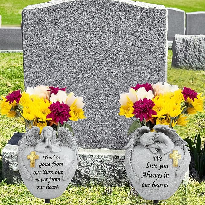 Cemetery Flowers for Grave Angel and Cross Cemetery Cemetery Memorial Vase, Cemetery Flower Grave,2-Piece Angel Cemetery vase with Iron Spikes,Garden Decoration Memorial Gift for Lost Love (1white)