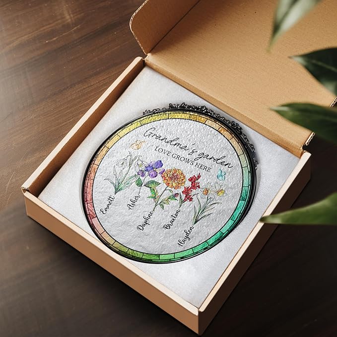 Personalized Grandma’s Garden Stained Glass Window Hanging Ornament, Custom Birth Month Flowers with Kids’ Names, Grandma Love Grows Here Floral Art Decoration, for Mom Grandma/1