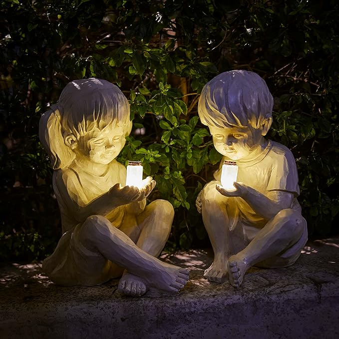 Large Garden Children Statues Light Up Firefly Jar Solar Powered | Set of 2 Figurines | Girl & Boy Garden Yard Art Décor, Indoor & Outdoor Ornament Gifts for Lawn, Patio , 7.5" W x11. 8”H Cream Gift