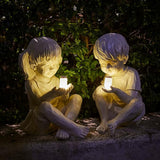 Large Garden Children Statues Light Up Firefly Jar Solar Powered | Set of 2 Figurines | Girl & Boy Garden Yard Art Décor, Indoor & Outdoor Ornament Gifts for Lawn, Patio , 7.5" W x11. 8”H Cream Gift