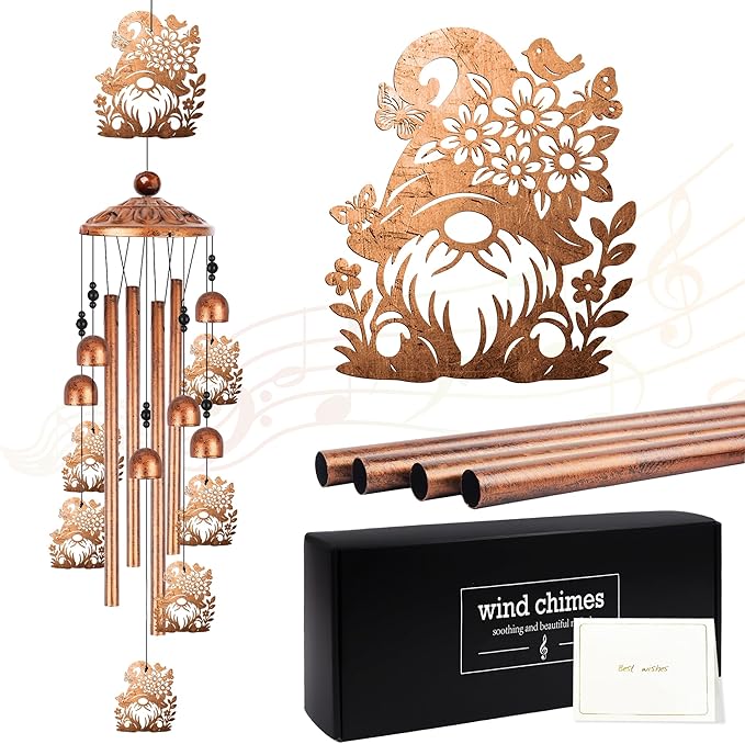 Gnome Wind Chimes for Outside, Garden Gnome Gifts for Women Men Metal Windchimes Outdoors, Floral Hat Design Home Garden Patio Yard Decor