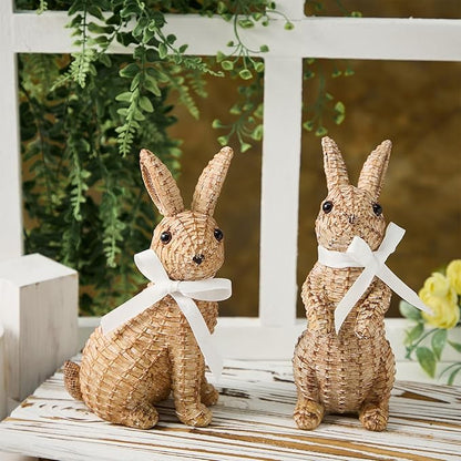 Rattan Rabbit Woven Rabbit Bow Resin Ornaments for Home Courtyard Lawn Tabletop and Easter Decoration to Enhance The Easter Atmosphere Preferred Easter Gifts (8.1in Brown Seat)