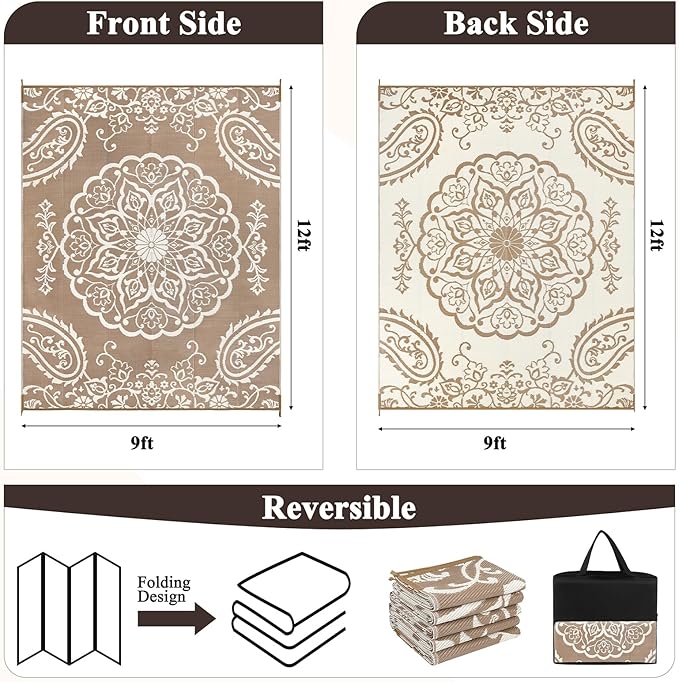 Pauwer Waterproof Outdoor Rug 9x12, Reversible Plastic Straw Patio Camping Rug, Indoor Outdoor RV Mat Carpet for Deck, Camper, Porch, Balcony, Backyard, Picnic, Boho Brown