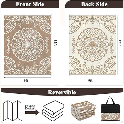 Pauwer Waterproof Outdoor Rug 9x12, Reversible Plastic Straw Patio Camping Rug, Indoor Outdoor RV Mat Carpet for Deck, Camper, Porch, Balcony, Backyard, Picnic, Boho Brown