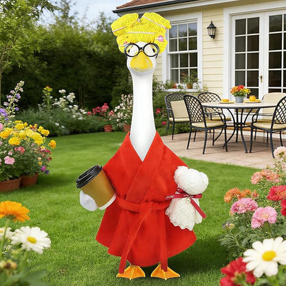 Lady Porch Goose Outfits,Bathrobe Porch Goose Statue Costume with Curlers Reading Glasses Coffee Cup Towel,Cute Goose Clothes for 23-Inch Cement Statue,Lawn Yard Garden Patio Decor（Red）