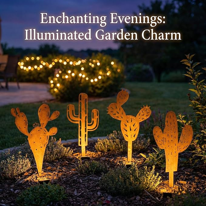 INSYOHO 4Pcs Metal Cactus Outdoor Decor, Prickly Pear Garden Sculptures & Yard Art Statues, Heavy Duty Metal Plants for Patio, Lawn, Backyard & Boho Bohemian Party Decorations