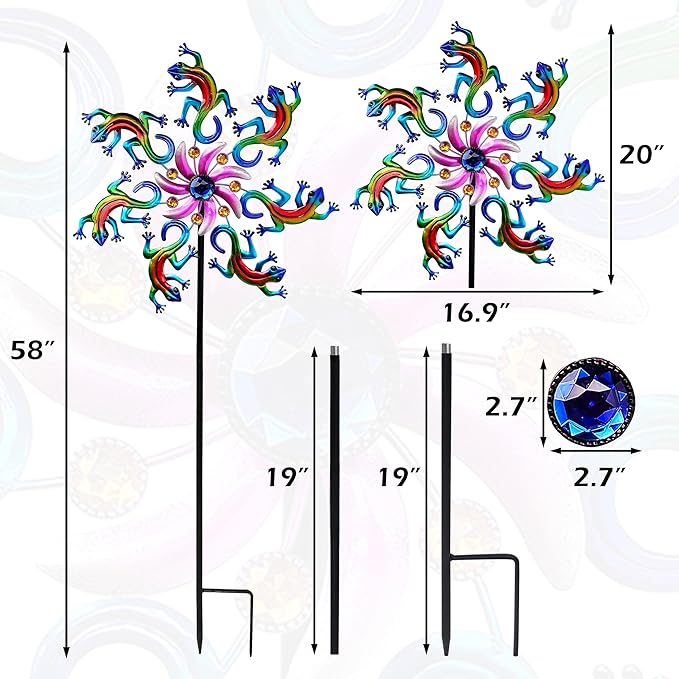 VIOYUNS Blue Lizard Wind Spinners Outdoor Decoration, Metal Lizards/Roosters Wind Sculptures & Spinners Yard Art Decor, Windmills Garden Stake Lawn Patio Decor Gifts for Momen Mother (58Inch)