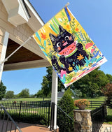 Summer Cat House Flag 28 x 40 Inch Double Sided, Cute Black Cat Eating Watermelon with Floral Flowers Large Burlap Yard Garden Flag Seasonal Outside Outdoor Decorations