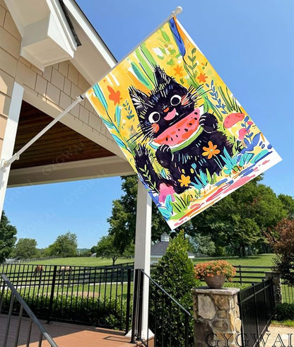 Summer Cat House Flag 28 x 40 Inch Double Sided, Cute Black Cat Eating Watermelon with Floral Flowers Large Burlap Yard Garden Flag Seasonal Outside Outdoor Decorations