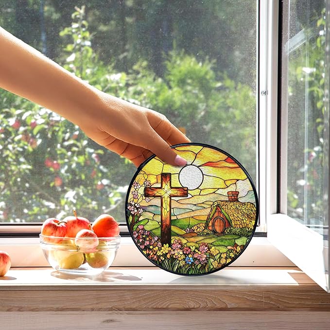 kdqua Cross Suncatcher Stained Glass Window Hanging, Christian Cross Wildflower Sunshine Sun Catchers Indoor Window Glass Round Wall Decor, Religious Wall Art Hanging Decorations Statues, 7.9x7.9in