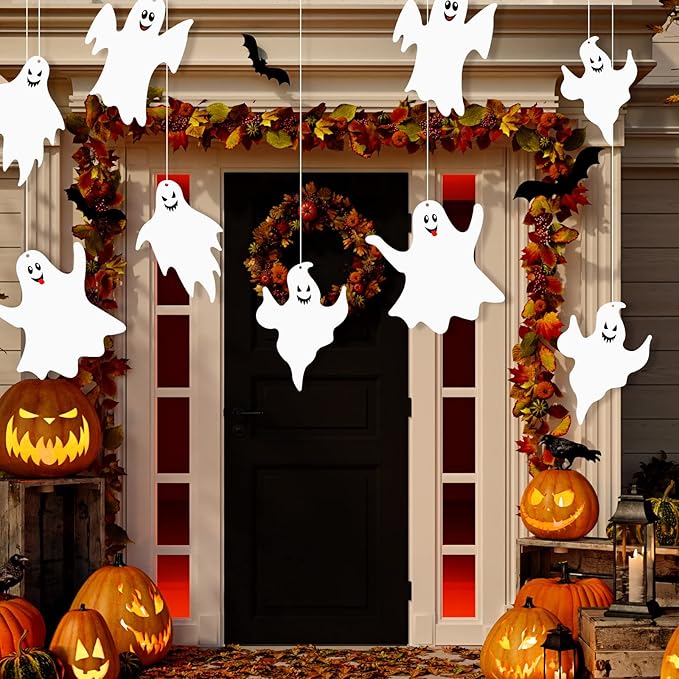 Blulu 12 Pcs Hanging Bats with Lights Halloween Decoration Outside Pumpkin Skeleton Spider Outdoor Lawn Decorations 3 Size Realistic Ghost for The Tree Porch Yard Lawn Indoor(Ghost)