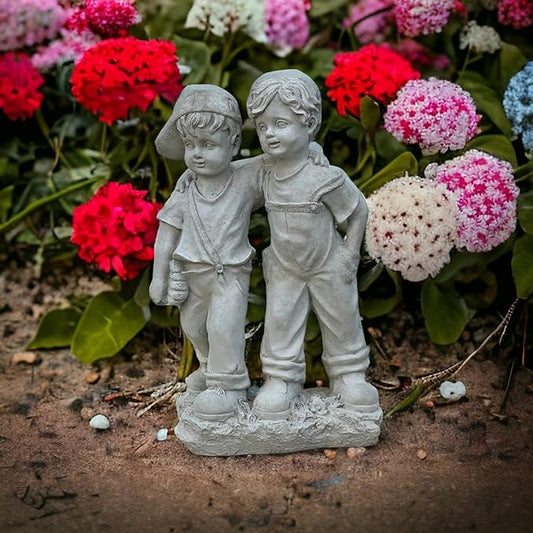 Boys on Stump Figure Outdoor Young Boys Figurine Two Boys Standing Statue