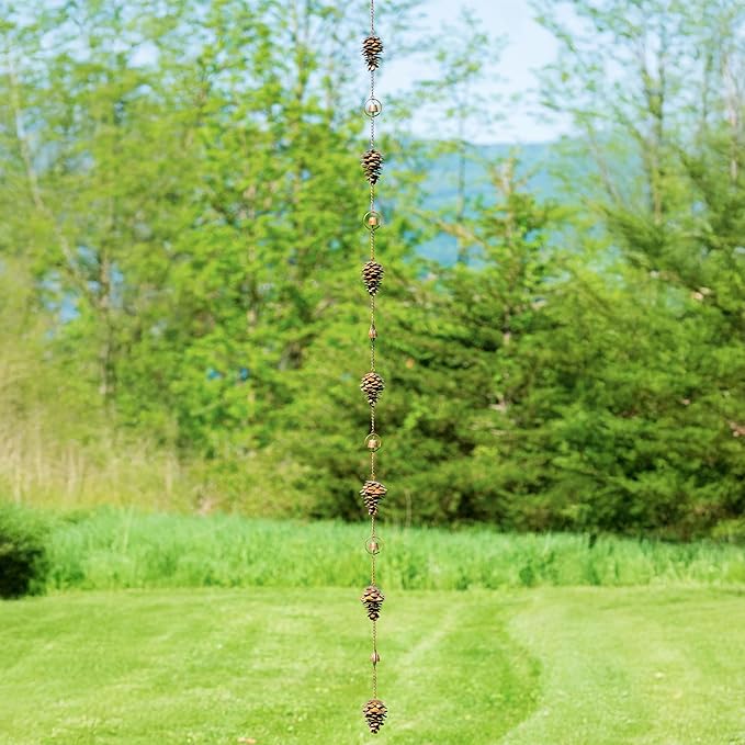 Ancient Graffiti Pine Cones and Bells Rain Chain, Flamed Copper Colored