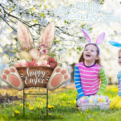 Amyhill Happy Easter Outdoor Decorations Bunny Metal Garden Stakes 25 Inch Welcome Yard Signs Easter Rabbit Egg Decor Outdoor Decorative Garden Stakes Spring Decorations Patio Lawn Walkway