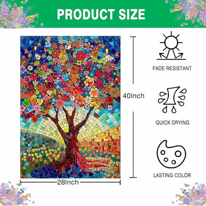 Stained Glass Tree of Life House Flag 28x40 Double Sided for Outside, Spring Summer Burlap Large Floral Garden Flags for Yard Outdoor Garden Decor