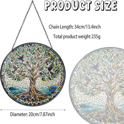 Tree of Life with Birds Sun Catcher RVEAFA Stained Glass Window Hanging Birds Lover Gifts for Women Wall Decor Handmade Sun Catcher Decoration for Garden Home Housewarming Gifts（20 * 20cm