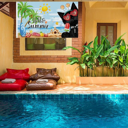 SENSEVEN Black Cat Summer Flags for Outside 3x5 Ft, Coconut Tree Popsicle Seasonal Yard Flag, Cute Kitten Beach Coastal Flag Hello Summer Welcome Outdoor Banner for Porch Farmhouse Decor