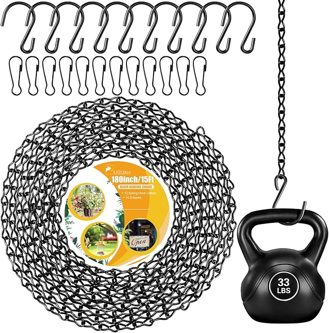 Upgraded 180”Heavy Duty Metal Hanging Chains with Hanging Basket Hooks Set for Planters,Birdcage,Birds Feeder,Grow Lights,Lanterns,Billboards,Wind Chime and Ornaments,Chain Hooks DIY,Black