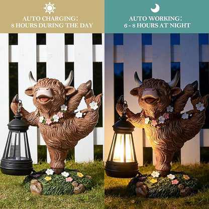 WDS WONDROUS Solar Highland Cow Outdoor Decor with LED Light, Garden Cow Decorations for Home with Flowers, Resin Highland Cow Figurine Gifts for Women Yard Decor Porch Patio Balcony Farmhouse