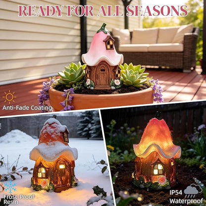 Solar Fairy Garden House, Whimsical Flower Cottage Fairy Figurines with Automatic Solar Lights, Hand-Painted Resin Garden Statue Unique Gift for Outdoor, Patio, Yard Art, Balcony, Porch Decor
