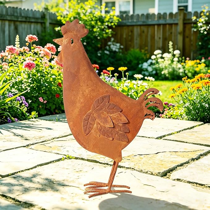 Metal Rooster Garden Decor for Outside, 17.3" Rusty Chicken Outdoor Decor for Patio Lawn Backyard, Decoration Yard Art Animal Ornaments Vintage Rustic Chicken Figurine Sculptures Statues