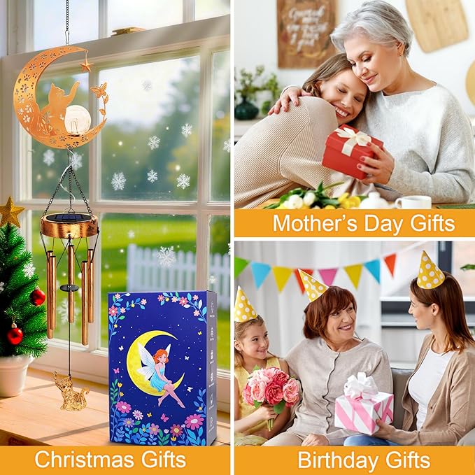 Solar Moon Cat Wind Chimes, Cat Lover Gifts for Mom Women Men Birthday Mothers Day, Hanging Outdoor Decor Cracked Glass Ball Memorial Large Wind Chimes, Decorations for Garden Yard Patio Porch