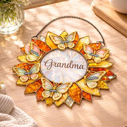 Personalized Grandma Stained Glass Suncatcher, Custom Butterfly Sunflower Window Hanging with Kids Names, Decorative Hanging Ornament for Window Home Decor, Gift for Mother’s Day