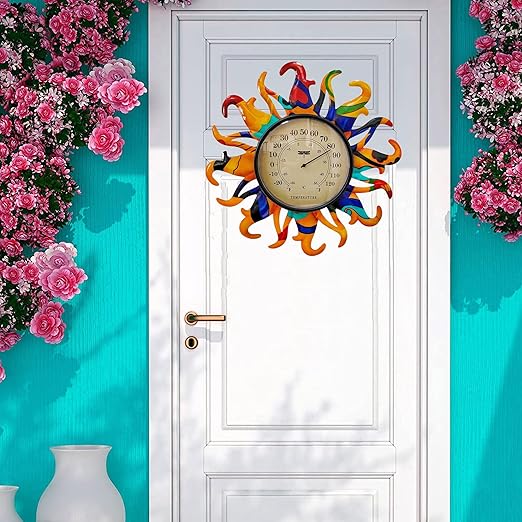 Metal Sun Thermometer Indoor Outdoor Ornament Wall Art Decor, Sun Plaque Sculpture Hanging Mounted for Living Room Bedroom Kitchen Patio for Home or Garden, No Battery Required (Orange)