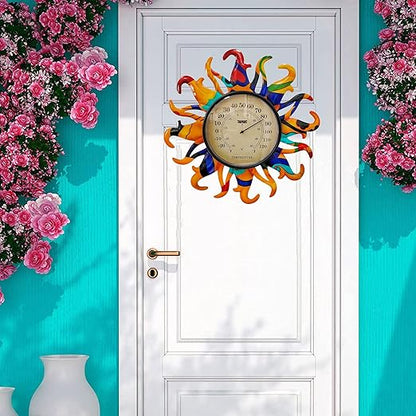 Metal Sun Thermometer Indoor Outdoor Ornament Wall Art Decor, Sun Plaque Sculpture Hanging Mounted for Living Room Bedroom Kitchen Patio for Home or Garden, No Battery Required (Orange)